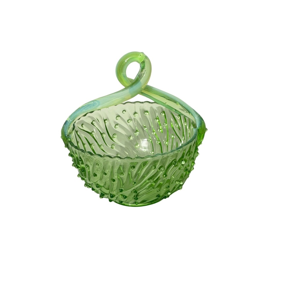 Vintage Art Glass Basket Green Hobnail Swirl Twisted Handle Bowl